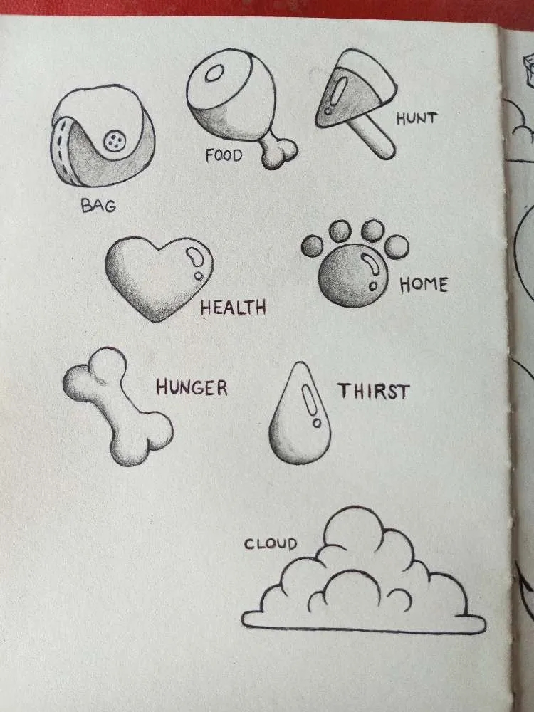 Cute UI video game asset icons for mobile pet video game drawn in pencil and ink ballpoint pen in a small sketchbook.