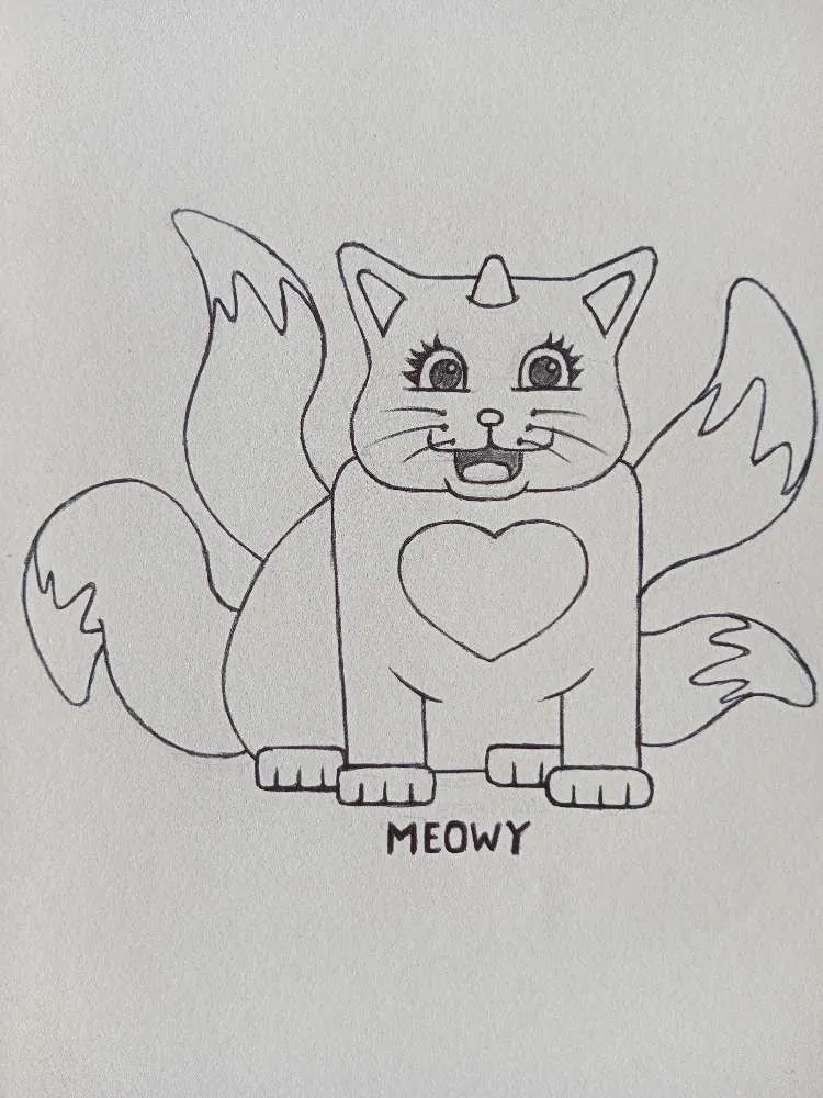 Cartoon Unicorn Cat Video Game Character for mobile video game designed using pencil and ink ballpoint pen drawing in sketchbook.