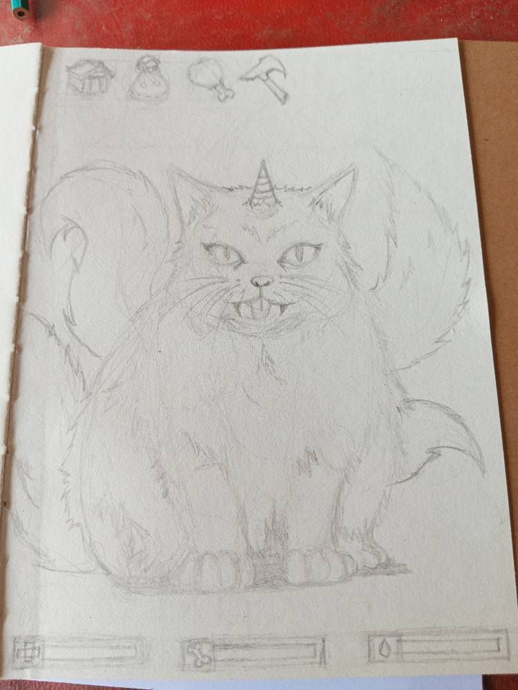 Fantasy unicorn cat pencil drawing in sketchbook. My mobile video game early concept art.