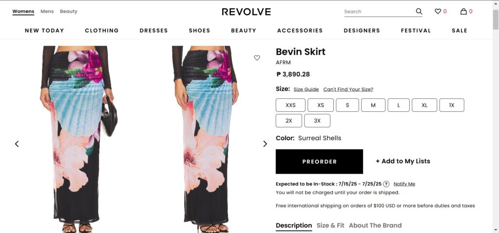 The Bevin Skirt has floral and shell pattern design and the reason AFRM calls the color Surreal Shells. The Skirt has a dominant black color printed with patterns. The length of the skirt starts from the waist up to the ankles. The products is displayed on the Revolve website merch page in plain white webpage design.