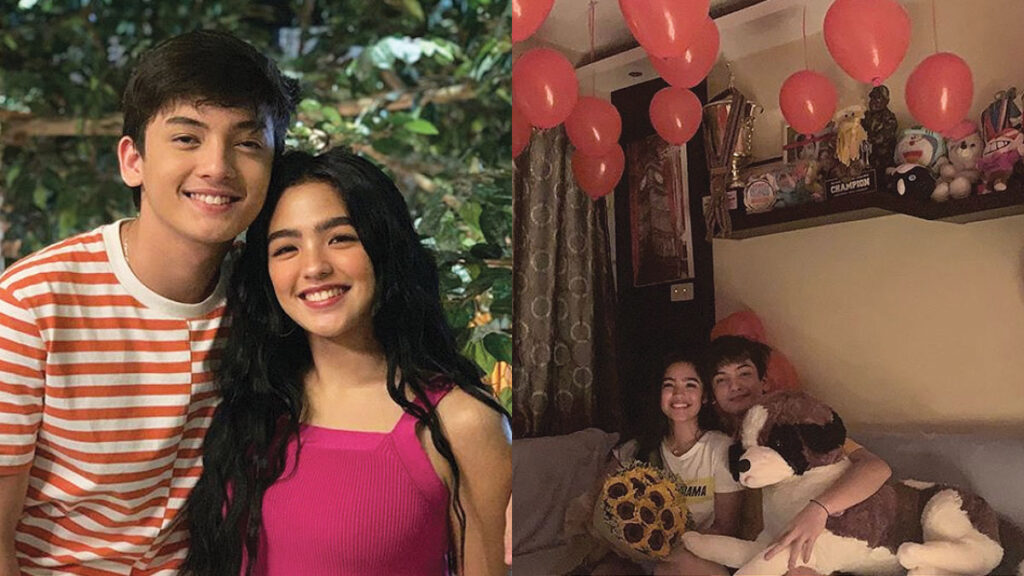 Seth Fedelin and Andrea Brillantes dating photos. A split-image of Seth Fedelin and Andrea Brillantes cuddling. Left image is of them standing and the right image is of them sitting on the couch while Blythe is holding flowers.