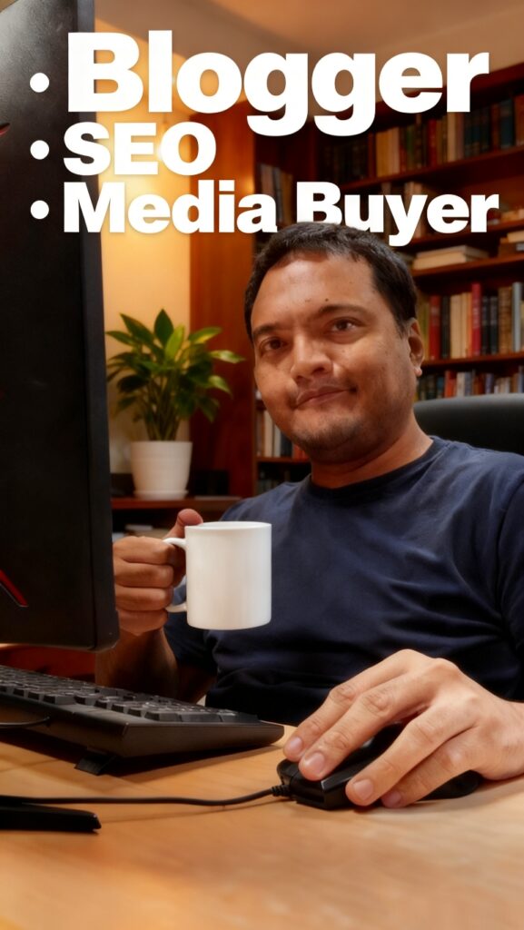 Robin Laviña holding his white mug while sitting down in his home office.