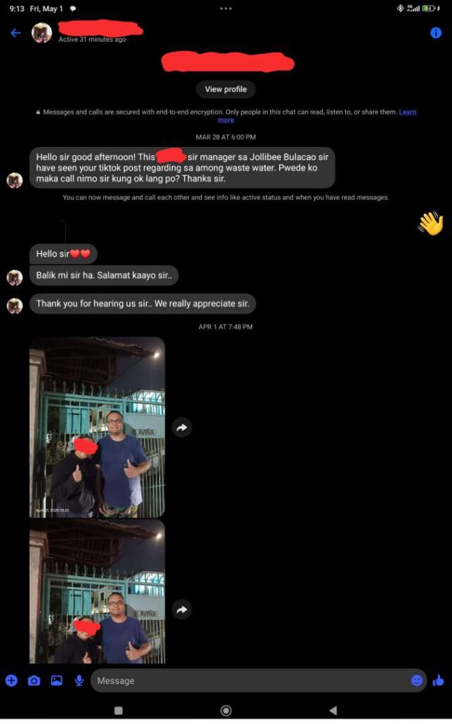 Messenger containing texts and photos from Jollibee Bulacao Branch manager consisting greetings.