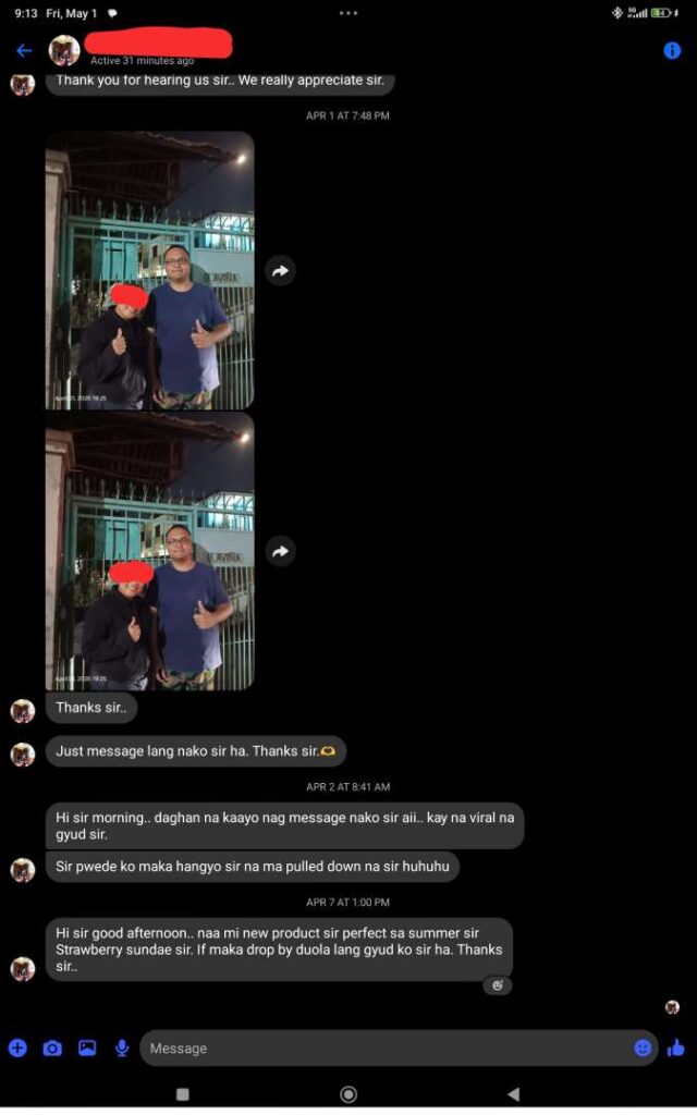 Messenger of Jollibee Bulacao Branch manager asking me to pull down the tiktok videos.