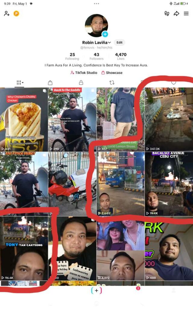 Robin Laviña's Tiktok Profile highlighting the Jollibee Bulacao Branch Videos that went viral.