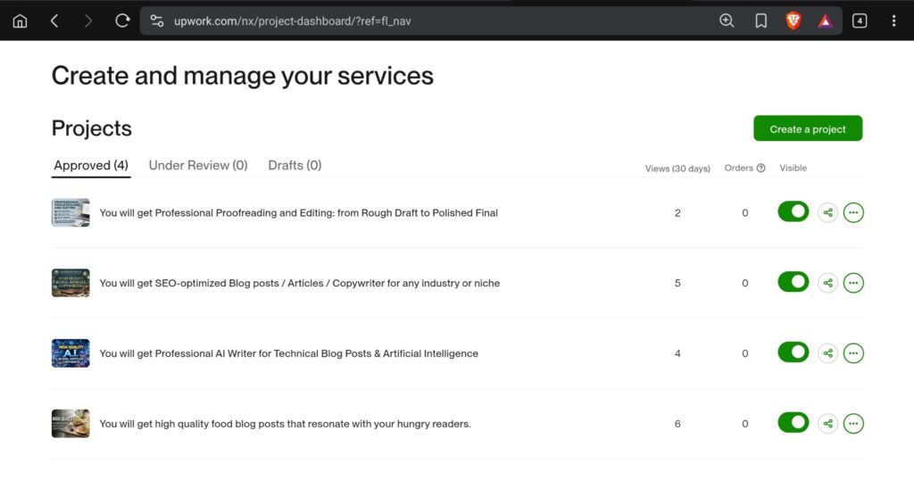 Upwork Project Catalog dashboard displaying 4 Approved projects in total which are in the category of Writing.